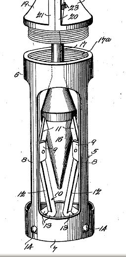 Bazooka-patent-early-AOGHS Patent drawing of 1902 scissors-like mechanism of “perforating levers” to pierce casing.