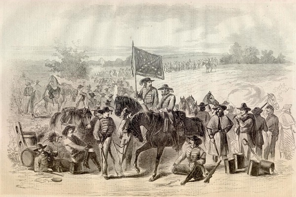 Scene of a troop of Civil War Confederate cavalry in Harper's illustration.