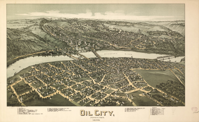 December-21-Fowler-AOGHS T.M. Fowler's 1896 "bird's-eye view" of Oil City, Pennsylvania, with Allegheny River.