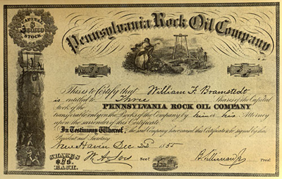 Stock certificate of the first American oil company, the Pennsylvania Rock Oil Company, 1855.