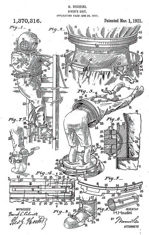 Patent drawing of Harry Houdini deep sea diver's suit of 1921.