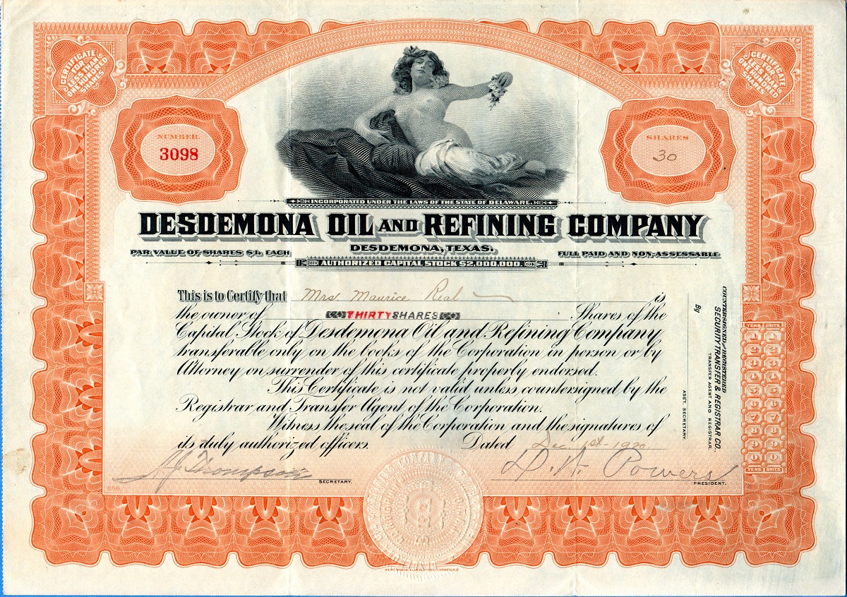 Stick certificate of the Desdemona Oil and Refining Co.
