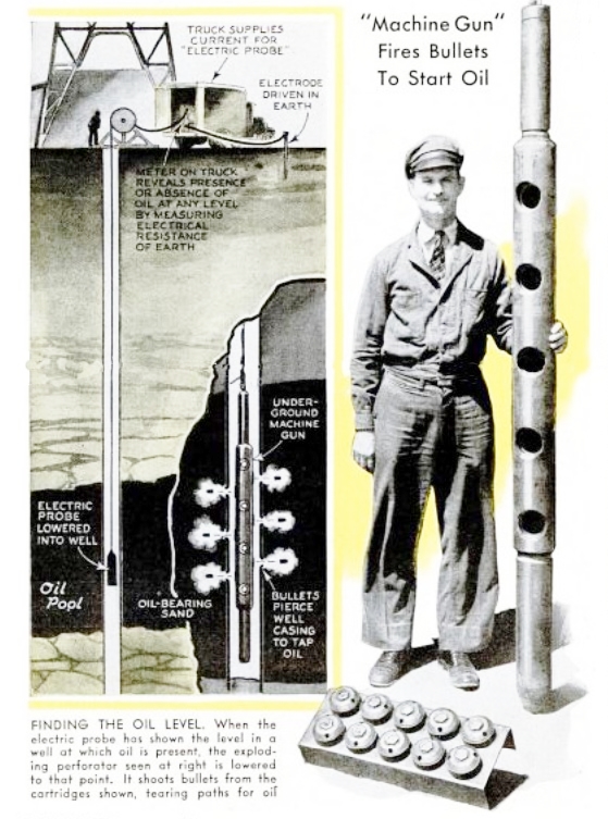 Downhole-bazooka-AOGHS August 1938 Popular Science Monthly article illustration of oil well casing perforating technology..