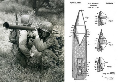 Downhole-Bazooka-AOGHS World War II bazooka team photo and a shaped charge patent image.