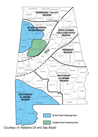 Alabama oil-producing regions highlighted in state map.