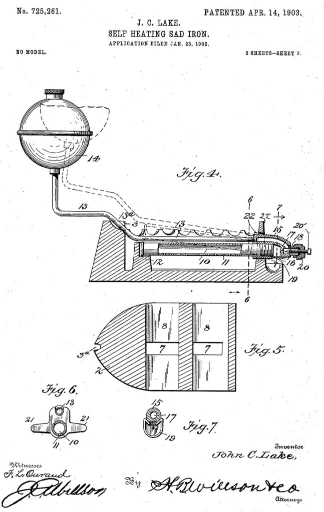April 14, 1903, patent drawing for C.C. Lake's self-heating sad-iron.