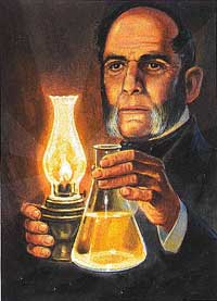 american oil history Abraham Gesner holds a kerosene lamp in a Canadian commemorative stamp.