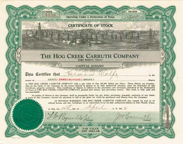 Stock certificate of Hog Creek Carruth Oil Company.