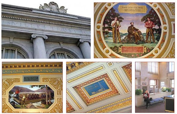 American Oil History Titusville bank ceiling paintings of Pennsylvania petroleum scenes.