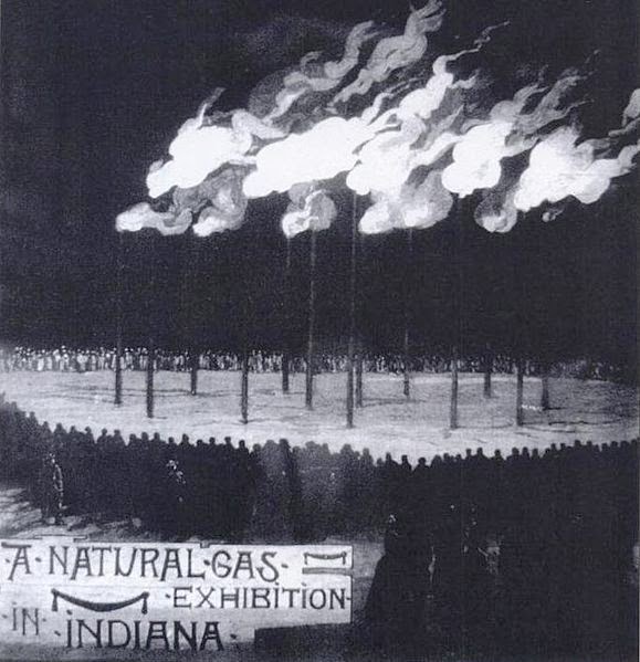 Natural gas flambeaux display at Kokomo, Indiana.
Photo courtesy Leslie’s Illustrated Magazine, January 18, 1889.
