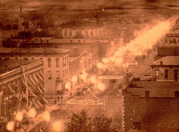 Indiania-Gas-Boom-AOGHS Natural gas flambeaux light streets in Indiana, attracted late 19th century manufacturers, but wasting the gas.