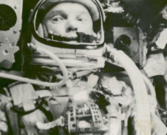 NASA astronaut John Glenn seen in Friendship 7 capsule while orbiting.