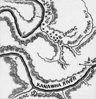 May-9-map-WV-AOGHS Detail from map showing oil wells attacked by Rebels at Burning Springs.