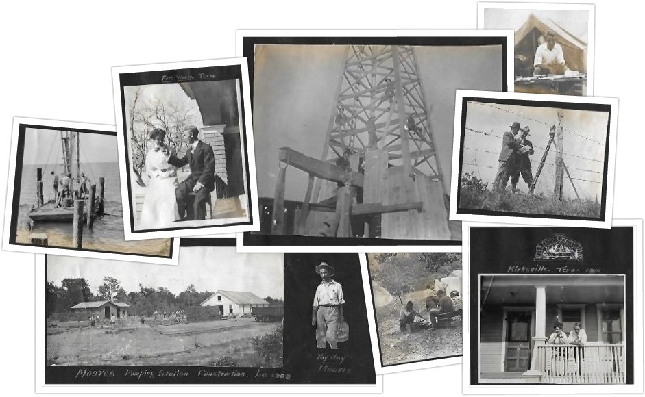 Morshead family pictures, a collage that includes oil derricks, surveying, and a wedding photo.