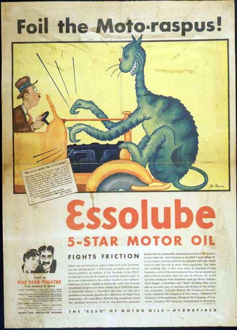 Seuss_Ad__AOGHS Essolube "Moto-raspus" creature on car in ad by Theodor Geisel.