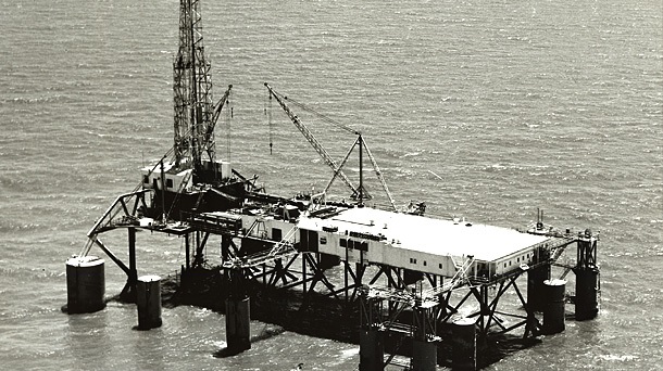 World's first mobile offshore platform, Mr. Charlie, circa 1950s.