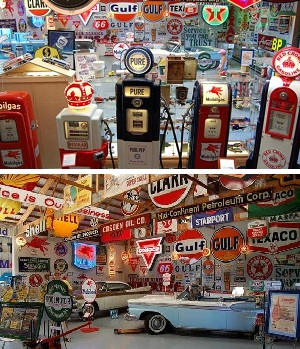 Museums-Northwoods-Exhibits-AOGHS A variety of gasoline pumps, station signs, and globes at the Wisconsin Petroleum Museum.