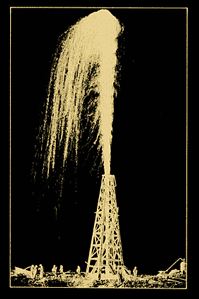 Museums-Spindletop-AOGHS Gold and black art work of the 1901 oil gusher at Beaumont, TX.