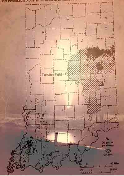 NaturalGasIndiana_AOGHS Indiana state map with Trenton gas field and an image of a flaming natural gas well.