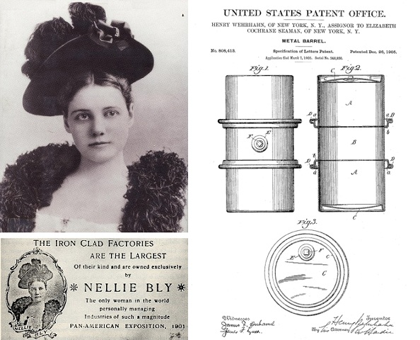 Nellie Bly metal barrel patent drawing and her Iron Clad Factories business card.