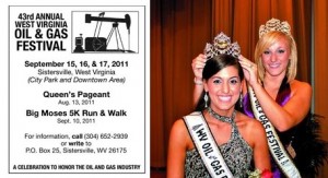 News-Sistersville-2011-AOGHS poster for 54rd annual West Virginia Oil & Gas Festival and two festival queens with crowns.