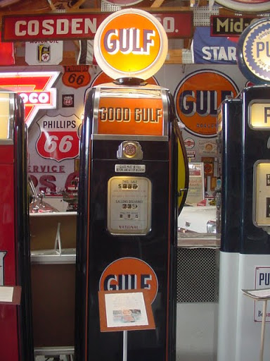 A Gulf globe and other pumps on display in the Northwoods Petroleum Museum outside Three Lakes, Wisconsin.