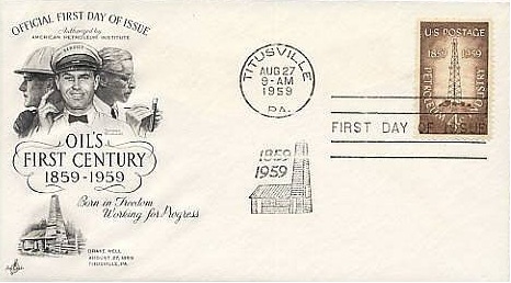 Oil-Stamp-Cachet-AOGHS Centennial oil stamp "Official First day of Issue" card with August 27, 1959, Titusville postmark.