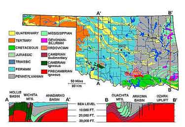 OK_Geology_AOGHS Geologic map of Oklahoma includes prolific Anadarko and Permian basins.
