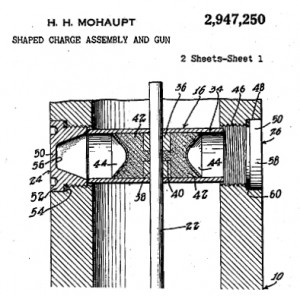 Patent-bazooka-AOGHS Henry Mohaupt patent drawing for shaped charge perforation gun for oil wells..