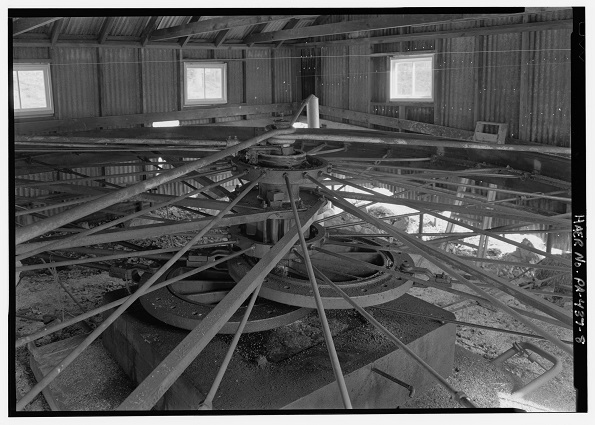 Jerk lines and and their eccentric wheel inside an oilfield shed, circa 1909.
