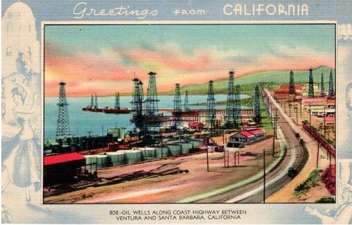 PHI oil history symposium 2022 AOGHS A postcard of California oil derrick along the coast promotes the 2022 PHI Oil History Symposium.