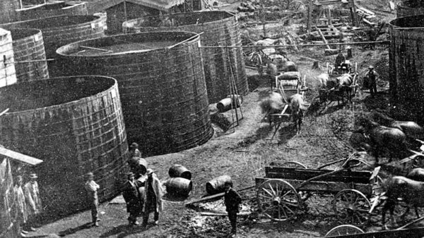 Rare photo of Pithole creek giant wooden oil storage tanks circa 1865.