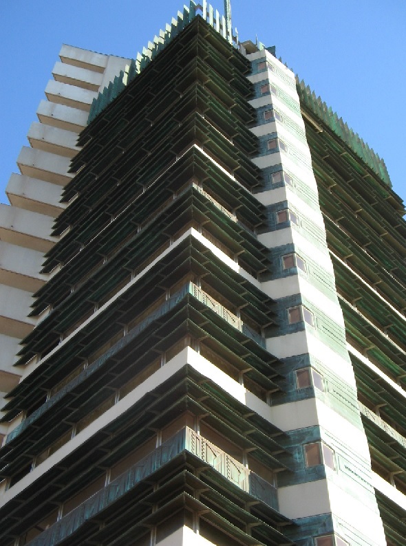 Exterior of cooper molding, corners, and upper floors of Price Tower.