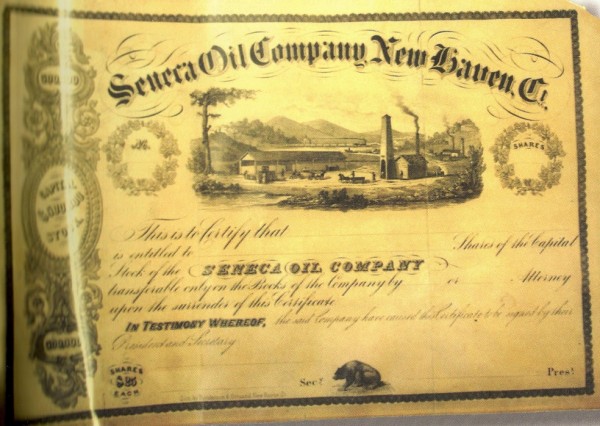 The stock certificate of the Seneca Oil Company, which replaced the Rock Oil Company to drill the first oil well. American well.