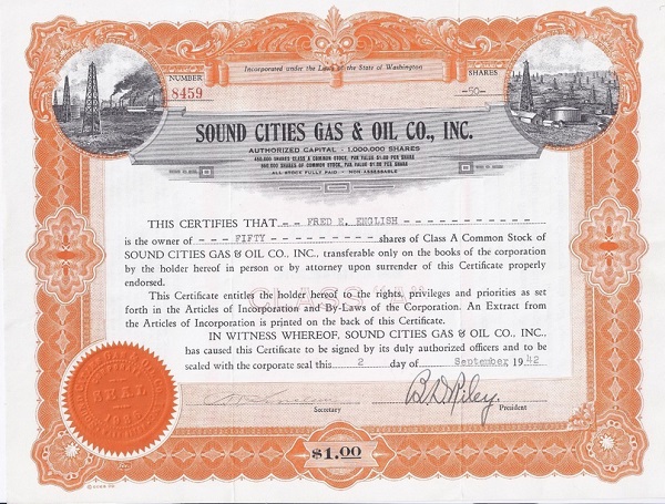 Sound Cities Gas and Oil Company 1922 stock certificate,