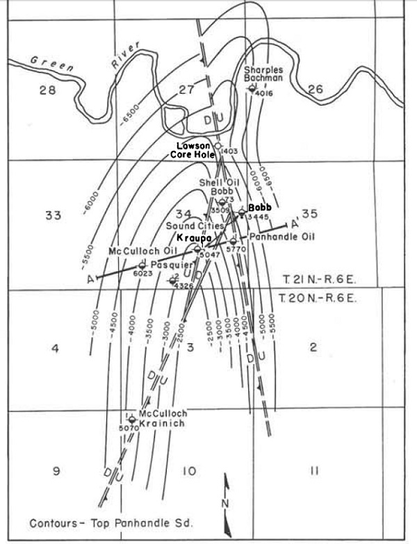 In bold are the locations of the Sound Cities Gas & Oil Company 1935 exploratory wells - Bobb No. 1 and its unsuccessful neighbor, Kraupa No. 1. North is "Lawson Core Hole," Eugene Lawson's 1911 test well for coal that will become part of Flaming Geyser State Park.
