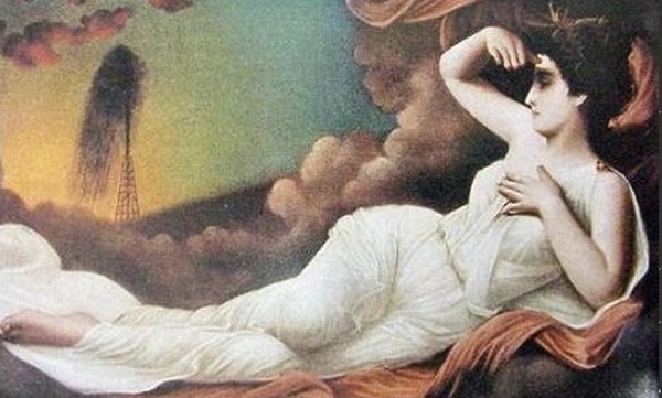 A reclining, scantily clad woman looks at a gushing derrick in the distance.