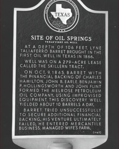 Texas-Marker-aoghs Historic marker for first Texas oil well, drilled 1866.