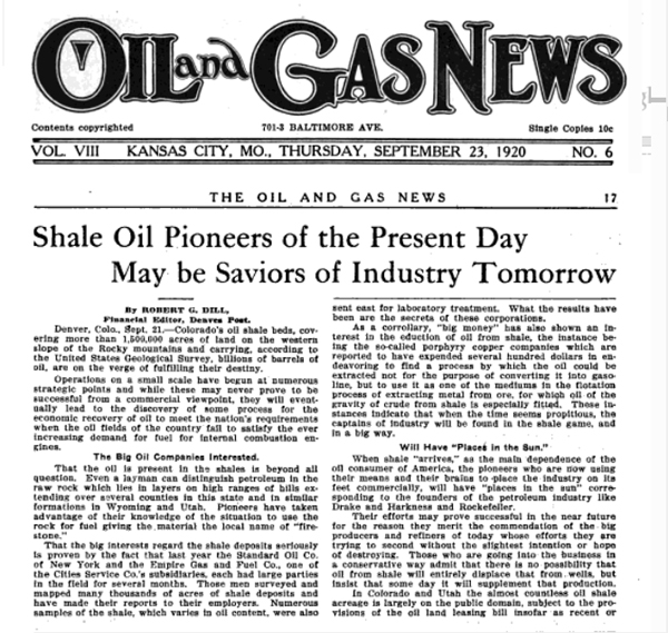 Ute oil shale article in the September 23, 1920, Oil and Gas News.