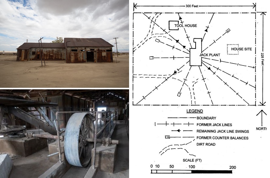 The Midway-Sunset oilfield jack plant exterior, interior and an illustration of how it works.