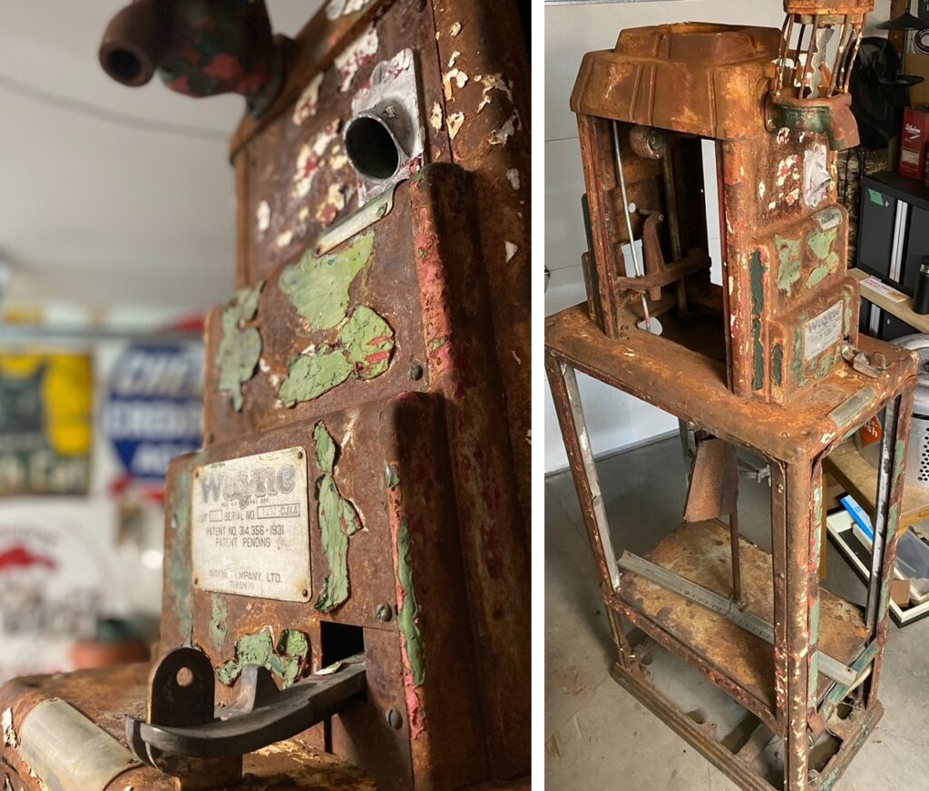 Two views of rusted Canadian 1930s Wayne Company pump 1001-CJXA.