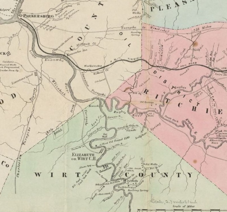Three counties in 1864 "Map of the oil district of West Virginia," including Burning Springs in Wirt County.
