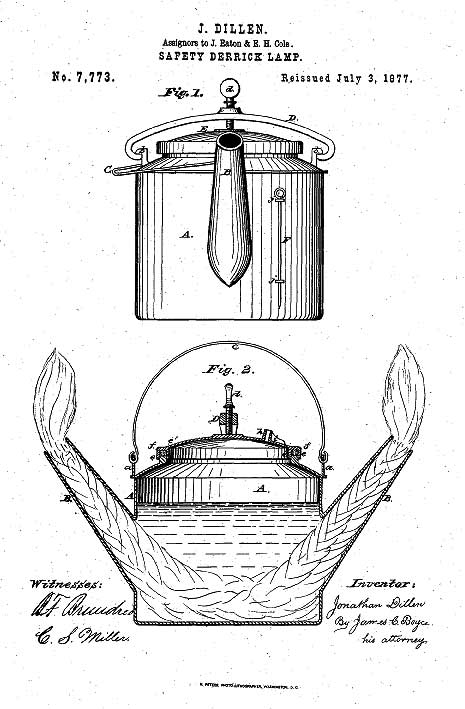 Yellow-Dog-Patent-AOGHS Patent drawing from 1977 of Derrick Safety Lamp, better known as a "Yellow Dog" lantern.