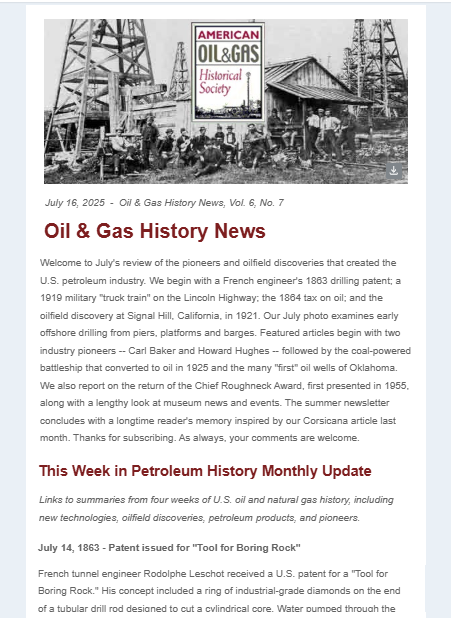 Sign-up form link for the American Oil and Gas Historical Society newsletter.