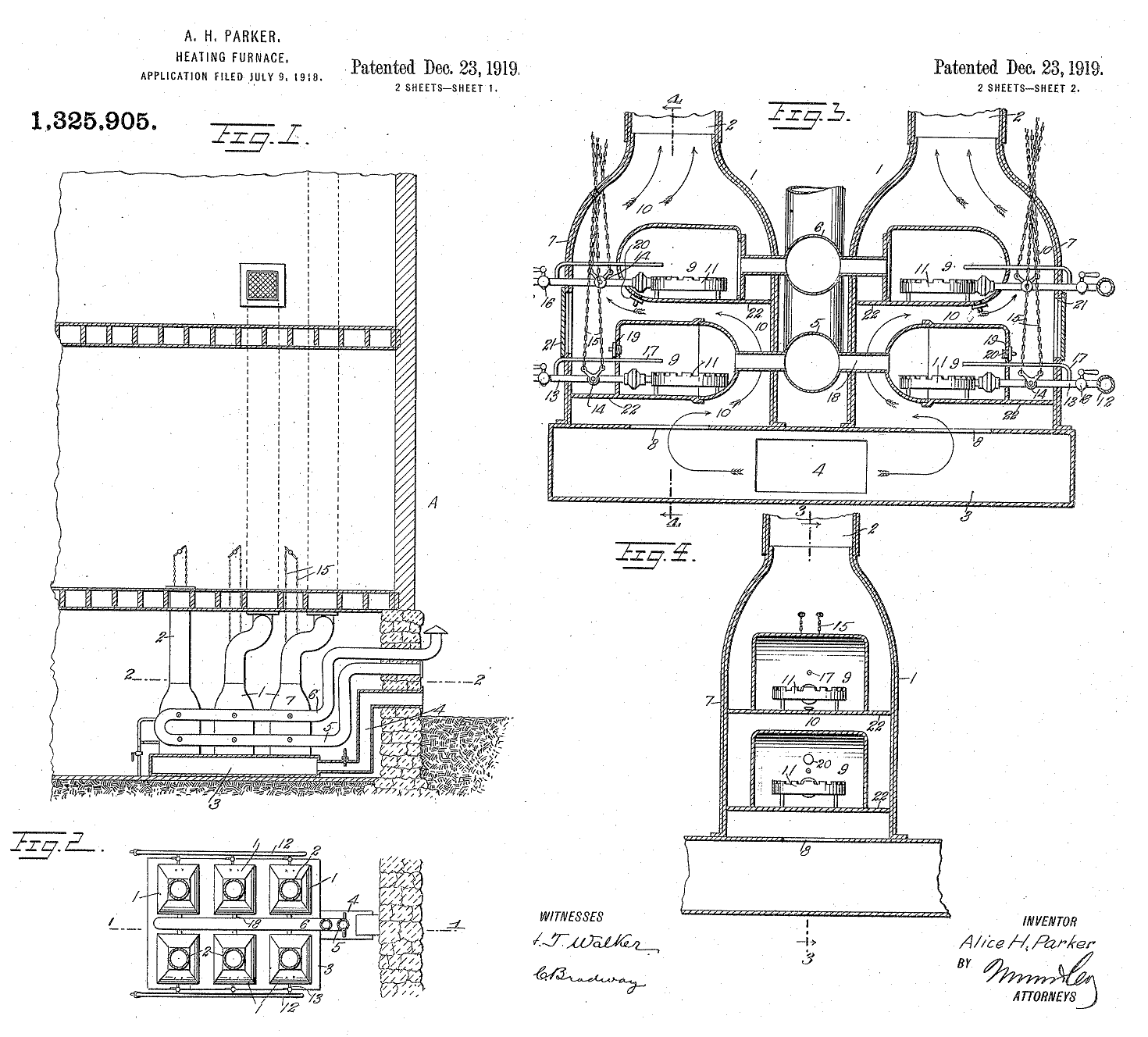 Patent drawing by Howard University 1910 graduate Alice H. Parker for a reliable gas-heating furnace.
